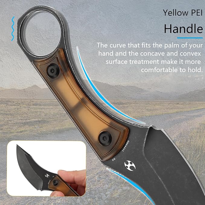 KANSEPT Niko Fixed Blade Knife, 3.54'' Blackwash D2 Sharp Blade with Yellow PEI Fine Texture Handle, Adjustable Kydex Sheath for Edc Hunting Survival Camping G004A11