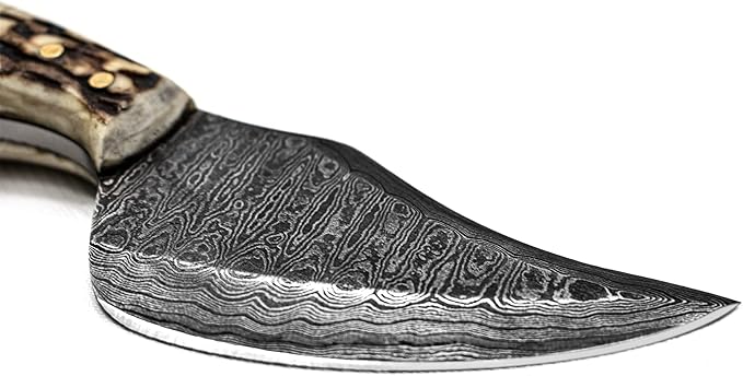 Titan International Knives Damascus EDC Skinning Fixed Blade Knife | Handmade 1095 4340 Carbon Mix Hand Pounded | Stag Horn & Camel Bone Grip for Hunting with Sheath