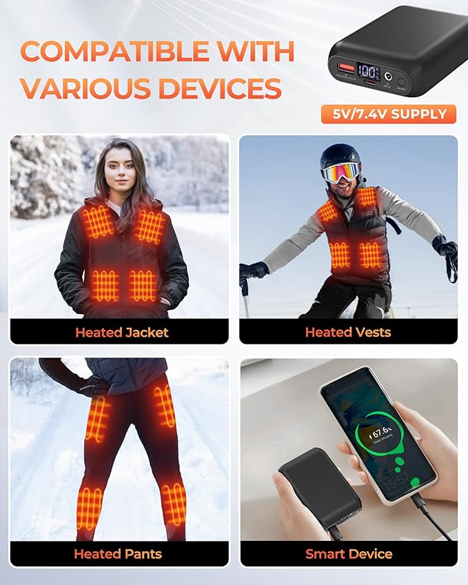 𝟳.𝟰𝗩/𝟱𝗩 𝟭𝟲𝟬𝟬𝟬𝗺𝗔𝗵 Heated Vest Battery Pack, Power Bank with USB/Type-C/DC (3.5/3.8/4.0) Output and LED Display, for Heated Vests, Hoodies, and Jackets up to 12H