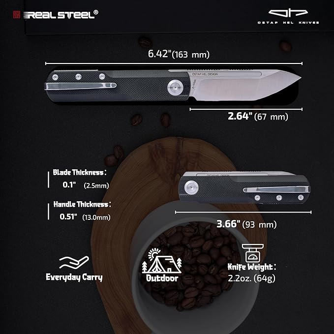 REALSTEEL G-Tanto Pocket Knife,Folding Knives,2.6" Nitro-V Blade,Double Detent Ball Slipjoint EDC,G10 Handle,2.2oz,Clip,Gift for Men Women Outdoor Indoor Daily Use Camping Hiking(Black Satin)