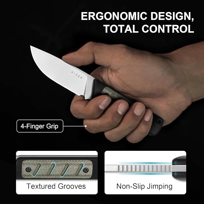 Kizer Smolt Fixed Blade Knife, 2.93" 14C28N Fixed Blade with Black G10 & Micarta Handle, Drop Point EDC Knives with Sheath for Camping Hiking 1063A6