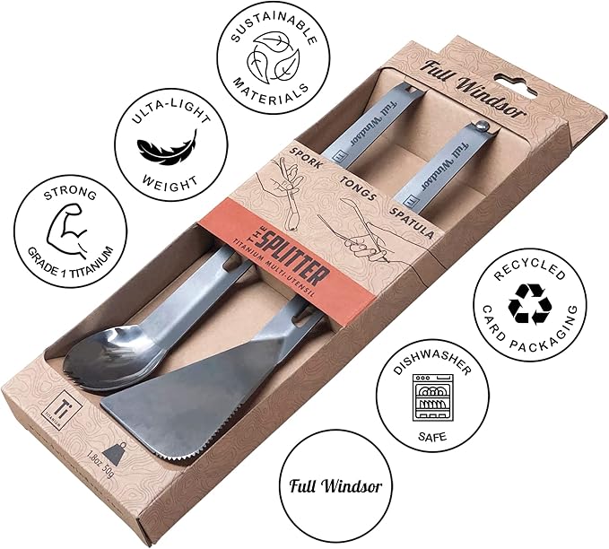 FULL WINDSOR - The Splitter Titanium Multi-Utensil Set ??Compact, Lightweight Silver Spork, Tongs, Spatula & Ladle ??Durable Cooking Kit for Camping, BBQ, Backpacking, Travel & Outdoor Adventures