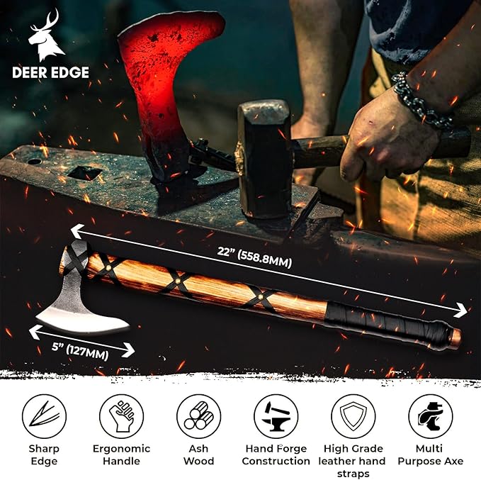 Viking Axe of Ragnar Lothbrok Hand Forged High Carbon Steel Norse Bearded | Camping Hatchet Axe with Genuine Leather Sheath Handcrafted Ash Wood Handle Throwing Tomahawk Viking Gifts for Men