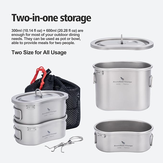 iBasingo Titanium Canteen Mess Kit with Folding Handle Hanging Ring Ultralight Portable for Lunch Outdoor Camping Hiking