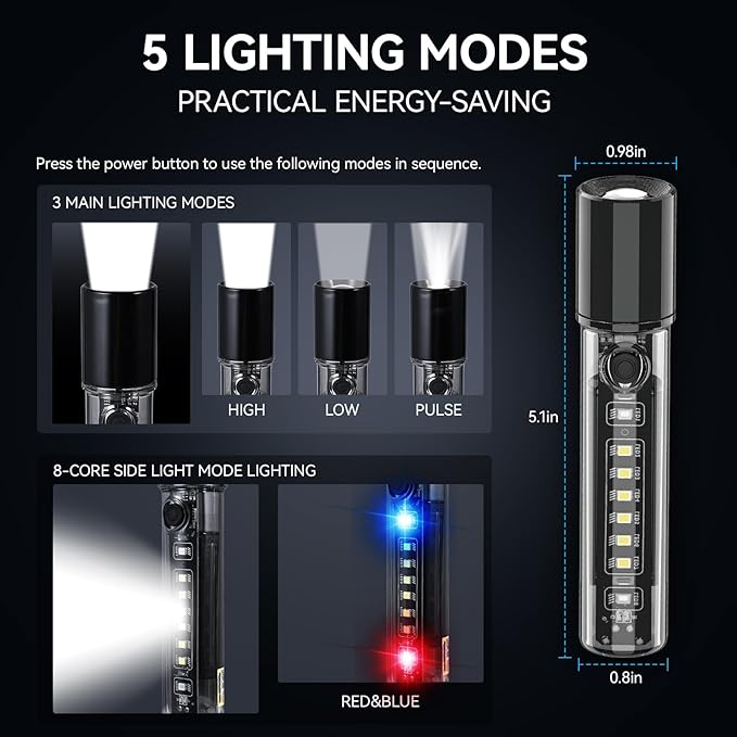 VAVOFO LED Flashlight, Aluminum Body, Adjustable Beam, Purple LED EDC Flashlight - USB-C Rechargeable, Waterproof, Zoom Focus, 3 Modes, Red & Blue Emergency Strobe - Best for Outdoor, Tactical