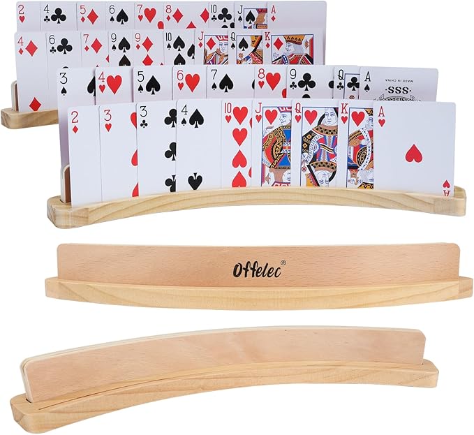 4 Pack Wooden Playing Card Holders - 14 Inch 2-Slot Curved Card Holder for Kids Adults, Stackable Card Deck Organizers with Non-Slip Base for Bridge, Strategy Games, Poker & Family Nights