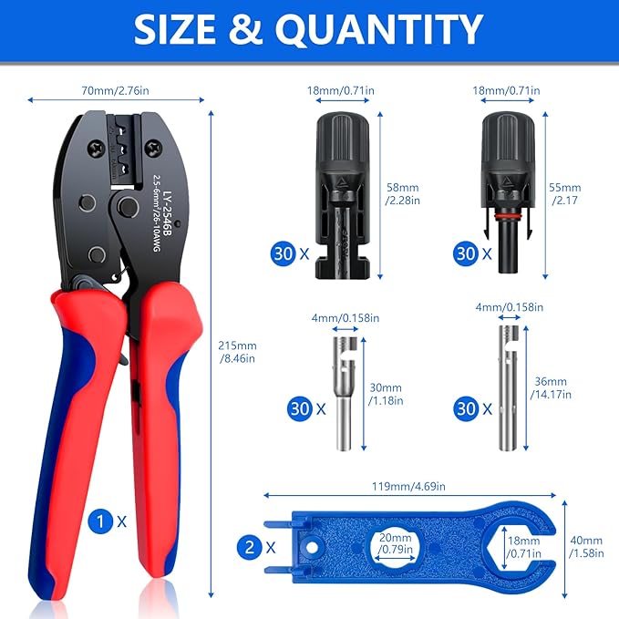 Solar Panel Connector, 60PCS Solar Crimper Tool Kit for Connecting Solar Panel Cable Wire, Solar Connector Kit with 30 Pairs Male/Female Solar Connectors, 1PCS Solar Crimper, 2 PCS Spanner Wrench