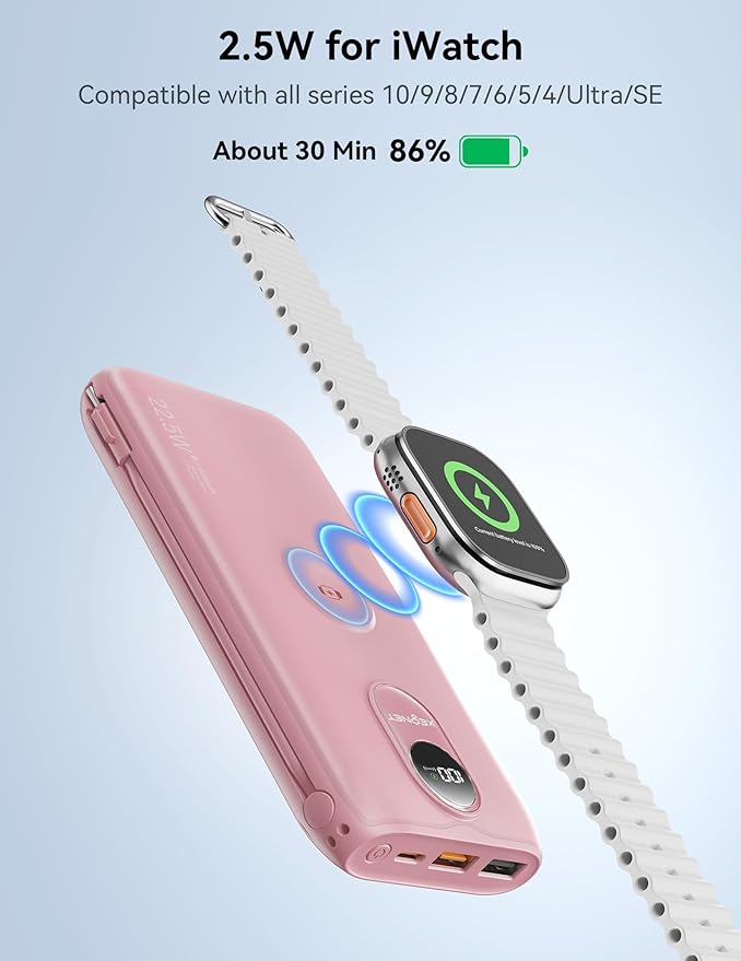 Portable Charger, 10000mAh 22.5W USB C Power Bank Built in Cables, AC Wall Plug and Led Display, External Battery Pack Fast Charging, Travel Essentials for iPhone, Android Cell Phone, Tablet, iWatch