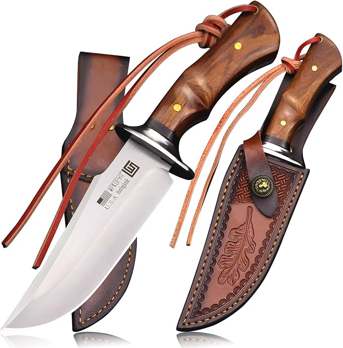 (USA 440C steel 10.5-inch hunting straight knife + leather sheath,suitable for outdoor travel, camping, survival, fishing, and Gifts for Men's and Women's Festivals