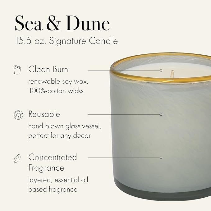 LAFCO New York Signature Candle, Sea & Dune - 15.5 oz - 90-Hour Burn Time - Reusable, Hand Blown Glass Vessel - Made in The USA
