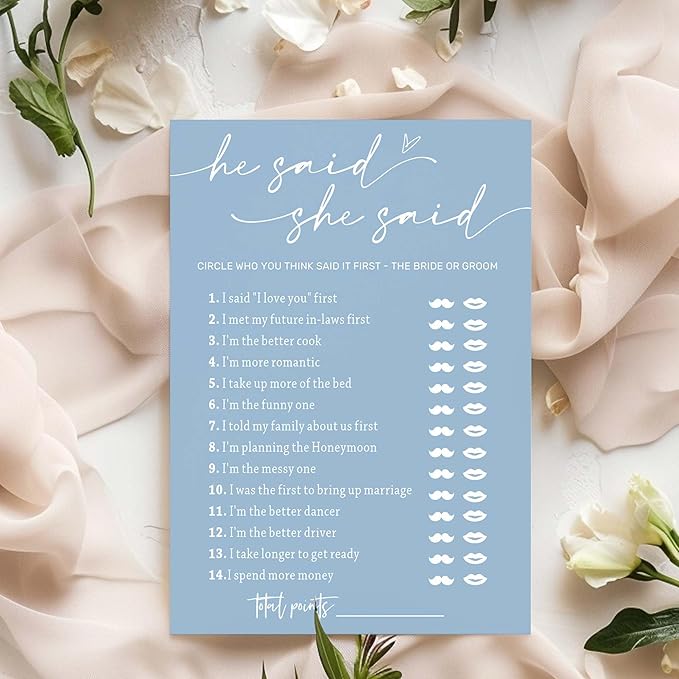 Bridal Shower Games Cards, Guest Who Said It, He Said She Said Game Cards, Bridal Shower Games 25 Guests, Engagement Party Wedding Games for Guests, Minimalist Blue Wedding Party Supplies - B07
