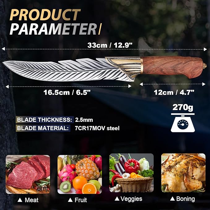 ROCOCO Feather Viking Knife Japanese Boning Knife with Sheath Outdoor Camping BBQ Collection Birthday Father Mother Christmas Gift Idea Men 6.5"