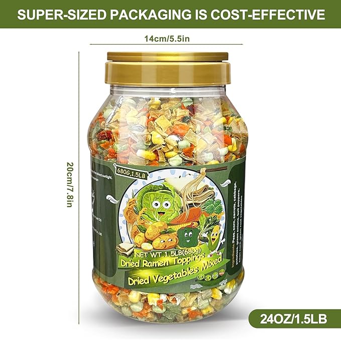 24Oz Mixed Ramen Toppings Dehydrated Soup, 680g All Natural Vegetable, 9 Freeze Dried Veggies for Noodles, Soups, Camping, and Emergency Food, Dry Vegetable Flakes, No Additives