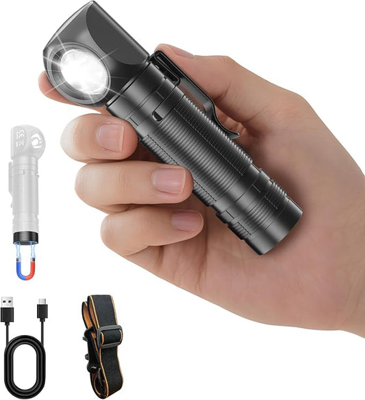 TONEOF Mini LED Flashlight Rechargeable,Magnetic High Lumens 4000 mAh EDC Flashlights,Tactical Grade Aluminum Waterproof Head Flashlight with Band for Camping,Emergency,Hiking,Keychain,Pocket