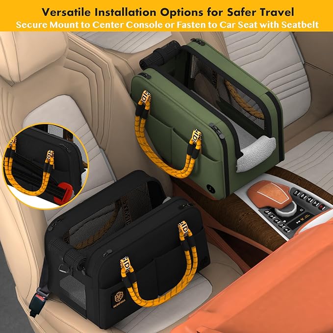 PAWZIDEA Center Console Dog Car Seat, Enclosed Secure Armrest Booster Seat for Small Dogs & Cats up 12lbs, Soft-Sided Travel Pet Carrier Safety Straps, Removable Pillow, Storage Pocket, Shoulder Strap