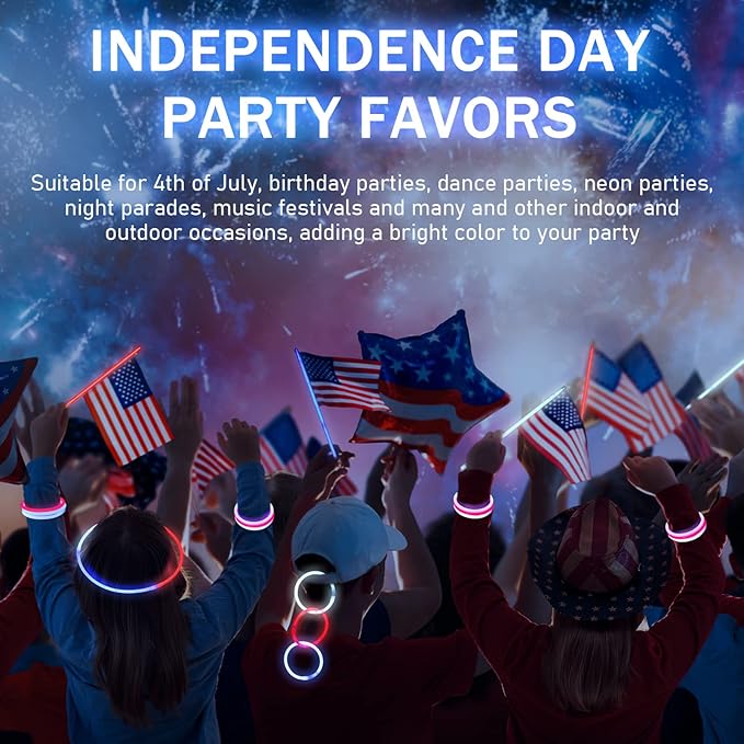 Hanaive 300 Pcs Glow Sticks Bulk 8 Inch Glow in The Dark Party Favors Neon Bracelets and Necklaces Light up Sticks with Connectors for Holiday Birthday Party Supplies(Red, Blue and White)