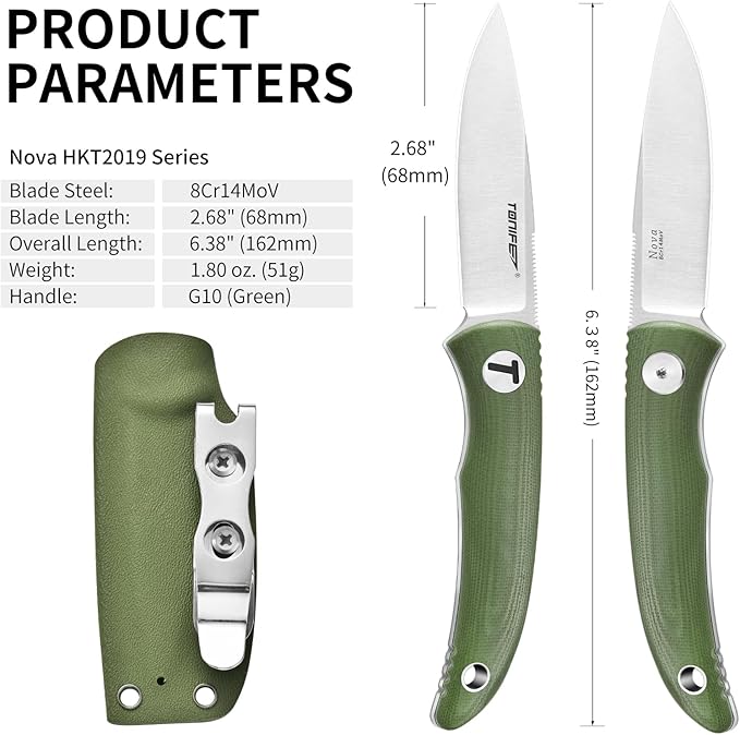 TONIFE Nova 2.68'' Blade Mini Neck Knife Full Tang Fixed Blade Knife with Kydex Sheath and Adjustable Paracord Lanyard for Camping Outdoor Survival Tool (Green+Satin)