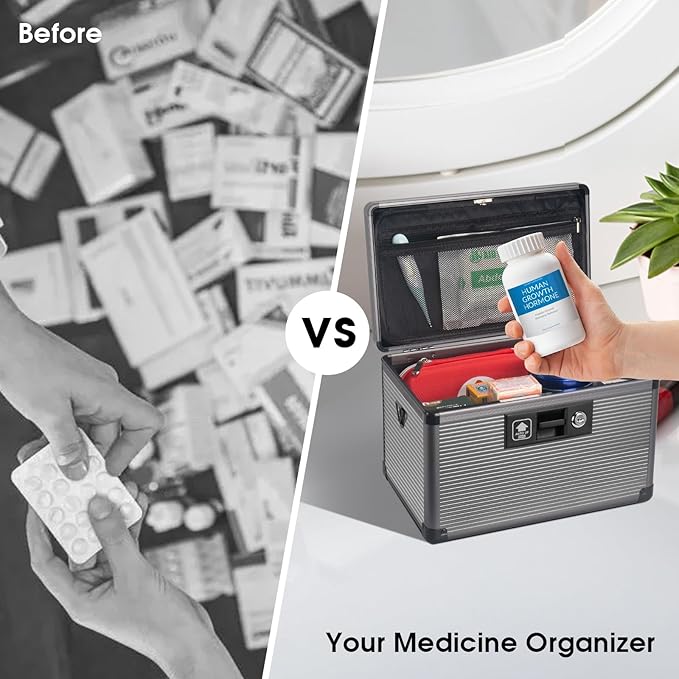Medicine Lock Box with Key, Alluminum Alloy Box for Medication,First Aid Box with a Removeable Tray to Store Medicines & Pills for Home, Black 12 * 7.68 * 7.87 Inch