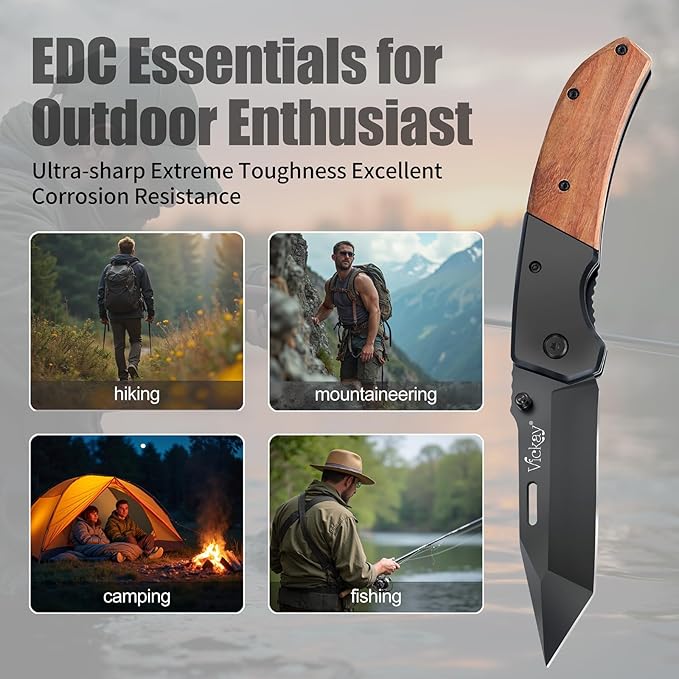 Vickay Pocket Knife, Folding Knife with Clip - 3.54??Steel Blade, Wood Handle EDC Knife for Men & Women, Outdoor Camping, Hunting, Hiking, Fishing - Father?™s Day Gift (Black)