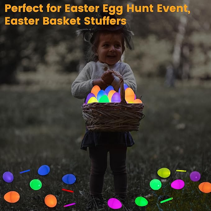 POPGIFTU 120 Easter Eggs with 240 Mini Glow Sticks, Glow-in-the-Dark Easter Eggs Bulk for Kids, Easter Basket Fillers & Party Favors, Egg Hunt Prizes & Classroom Decorations