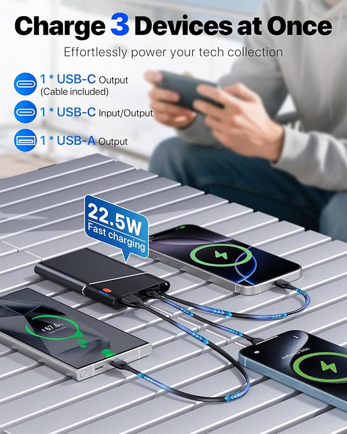Portable Charger Power Bank, 10000mAh 22.5W PD Super Fast Charging Powerbank with Built-in USB C in&Out Cable, Slim External Phone Battery Pack for iPhone 17/16/15 iPad Samsung S24 Android etc