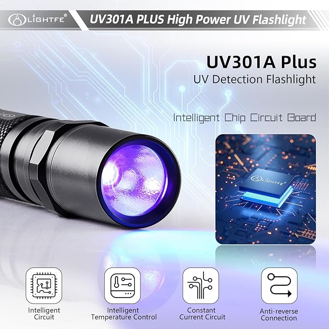 LIGHTFE Blacklight 395nm UV Flashlight UV301A-Plus with SSC UV LED, Pure Beam for UV Glue Curing Light, Rock and Mineral Fluorescent Glowing, Pet Urine Detector Light, AC Leak Detector