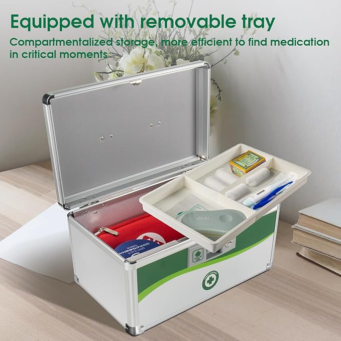 Medicine Lock Box, First Aid Safe Medication Storage Box, Layered Aluminum Daily Medicine Lockable Box with Key 14 * 8.46 * 7.48 Inch (Large)