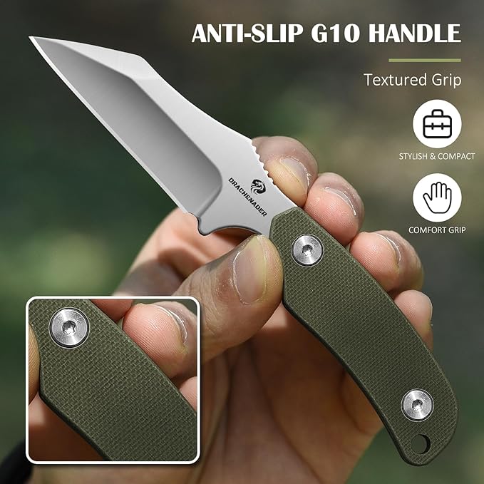 5.78" Mini Neck Knife with Sheath, 2.99" D2 Steel Blade Silver Full Tang EDC Small Wharncliffe Knife with G10 Handle for Men, Horizontal Carry