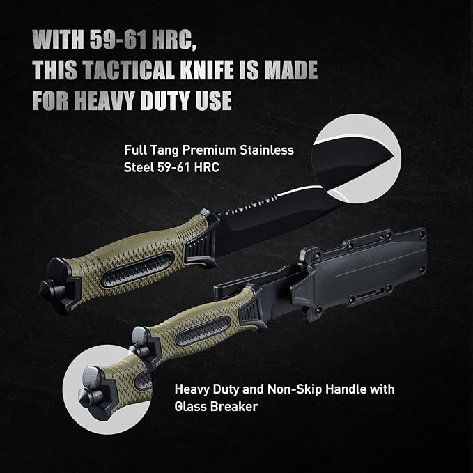 2pcs 10" Fixed Blade Tactical Knives with Sheath and Clip, Survival Full Tang Non-Slip Handle Knife for Camping, Hunting, Adventure, Outdoors, EDC, Green Handle