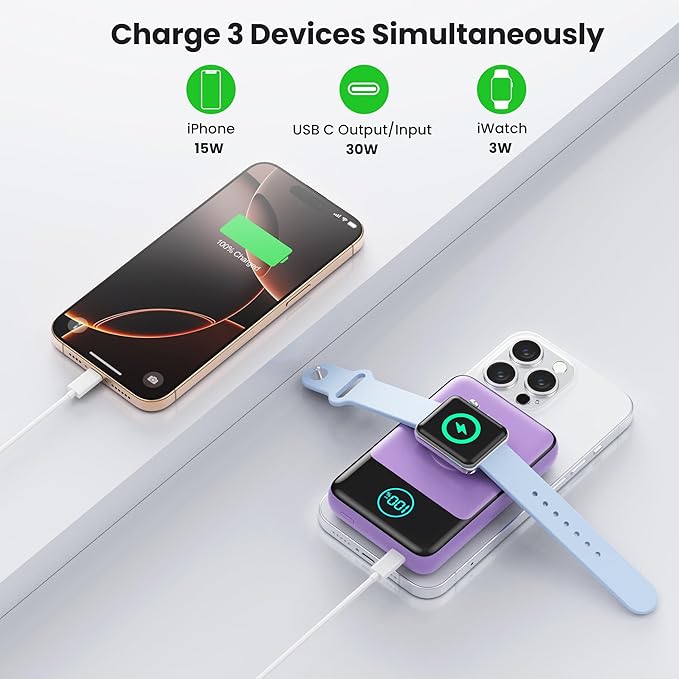 Magnetic Portable Charger for iPhone, 3-in-1 10800mAh Qi2 15W Wireless Power Bank with iWatch Charger,30W PD Fast Charging USB-C LCD Display Battery Pack for Magsafe,iPhone 17/16/15/14/13, Apple Watch