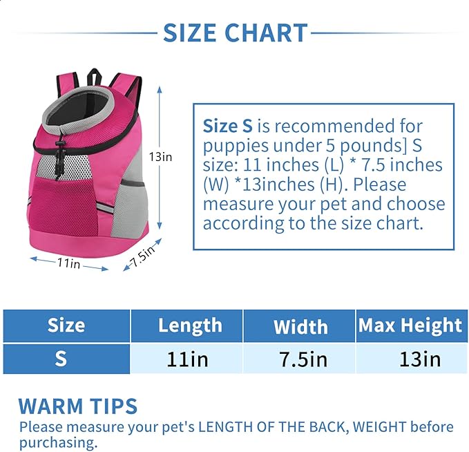 SMONT Dog Backpack Carrier Pet Lightweight Dog Carrier Backpack Small Dog Front Backpack Breathable Dog Carriers for Small Dogs with Safety Belt for Outdoor Hiking Travel Use S (2-7 lbs) Rose Red