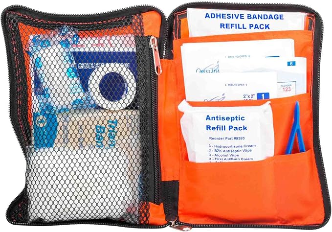 MFASCO First Aid Kit for Home, RV, Automotive - Compact Orange Pouch with Organizers for Small Travel, Backpacking, Cars, Motorcycle, Basic Supplies, Measures 8 x 5 3/4 x 1 1/4 inches, 70 Pieces