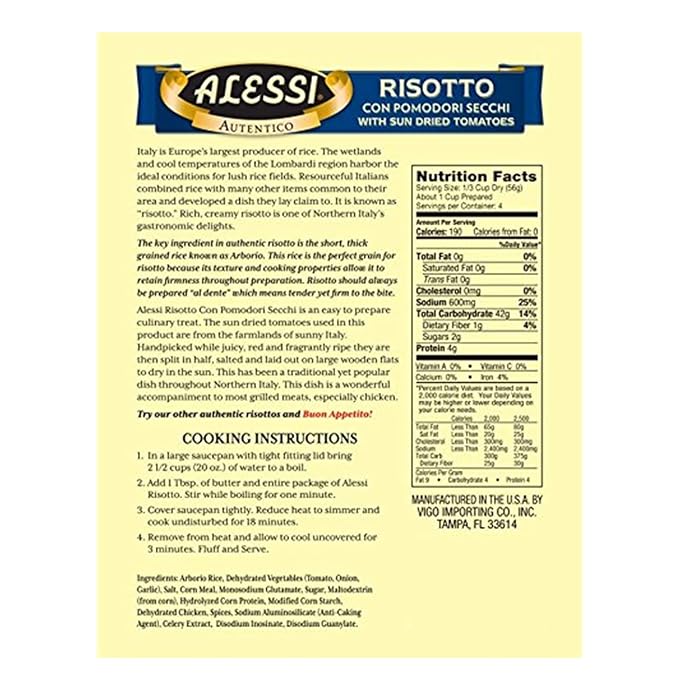 Alessi Autentico, Premium Seasoned Risotto, Italian Arborio Rice, Easy to Prepare, 8oz (Sun Dried Tomato, Pack of 6)