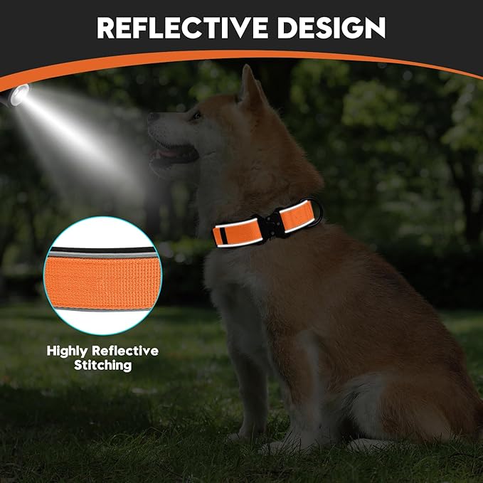 Dog Collar for Small Medium Large Dogs, Reflective, Adjustable Heavy Duty Dog Collar, Soft Neoprene Padded Comfortable for Walking (Orange, XL)
