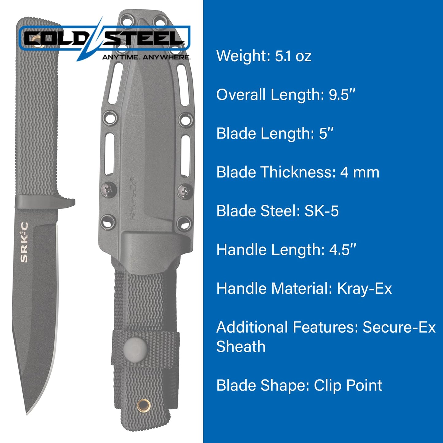 COLD STEEL SRK Compact 5" SK-5 Clip Point Razor-Sharp Blade 4.5" Durable Kray-Ex Handle Tactical