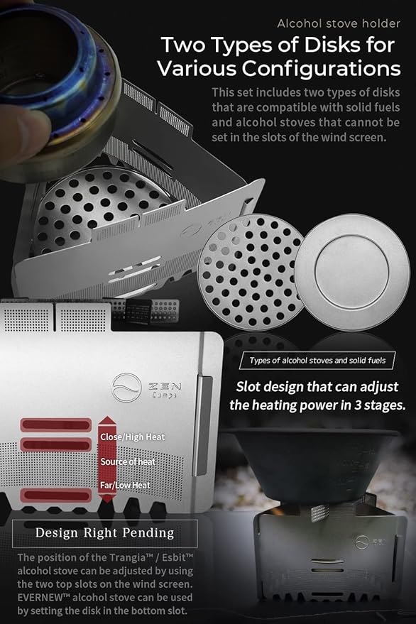 ZEN Camps Ultralight Folding Stainless Steel Pot Stand with Tray Windscreen for Alcohol or Solid Fuel Stoves for camping