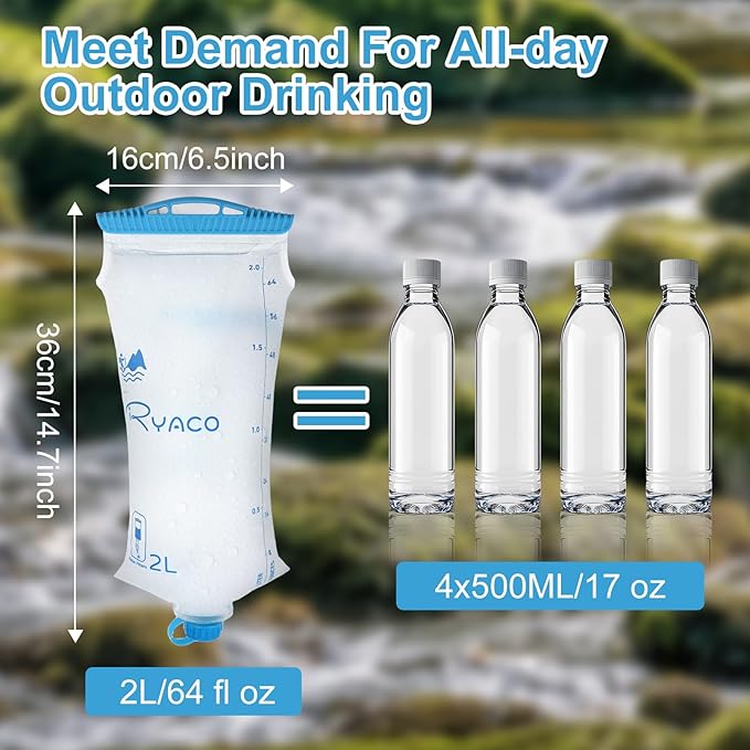 RYACO Water Bag 2L Compatible with Sawyer Squeeze Water Filter, Outdoor Water Container, Water Filter Bag with Durable TPU Material Collapsible Hydration Canteens for Camping Hiking Cycling Fishing