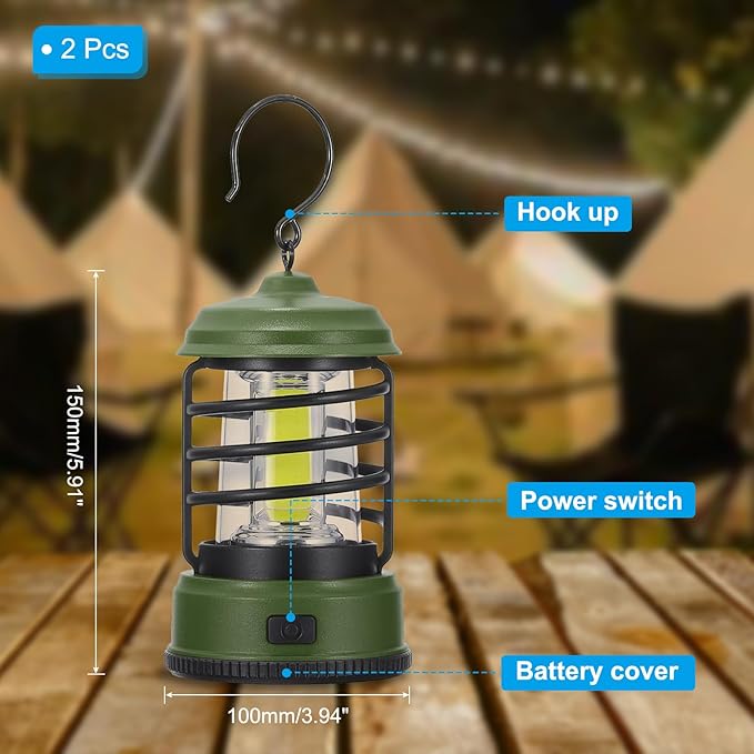 PATIKIL LED Camping Lantern, 2 Pack Vintage Lantern 2 Light Modes Portable Battery Powered Hanging Outdoor Tent Light for Camping, Hiking, Fishing, Dark Green 5.91 Inch