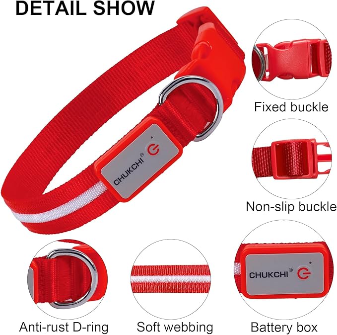 CHUKCHI LED Dog Collar Rechargeable,Waterproof Flashing Collar,Light Up Glow Collar, Adjustable Soft Safety Light Up for Small Medium Large Dogs Walking Camping at Night (Red-L)
