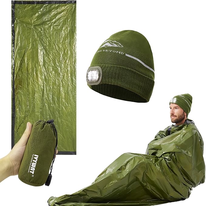 Emergency Sleeping Bag & LED Beanie Kit - Portable Bivy Sack Blanket, Winter Warm Knitted Hat with Light, Waterproof Survival Gear for Camping Hiking Adventure