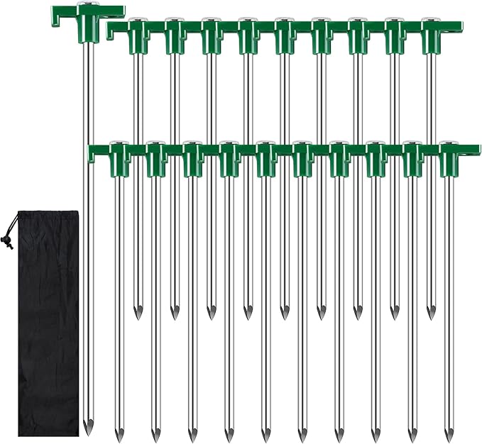 20 Pack Tent Stakes Heavy Duty, 9.6 Inch Camping Stakes, Non-Rust Metal Tent Pegs, Ground Stakes Yard Stakes with Drawstring Bag for Camping Backyards Outdoor Picnic (Green)