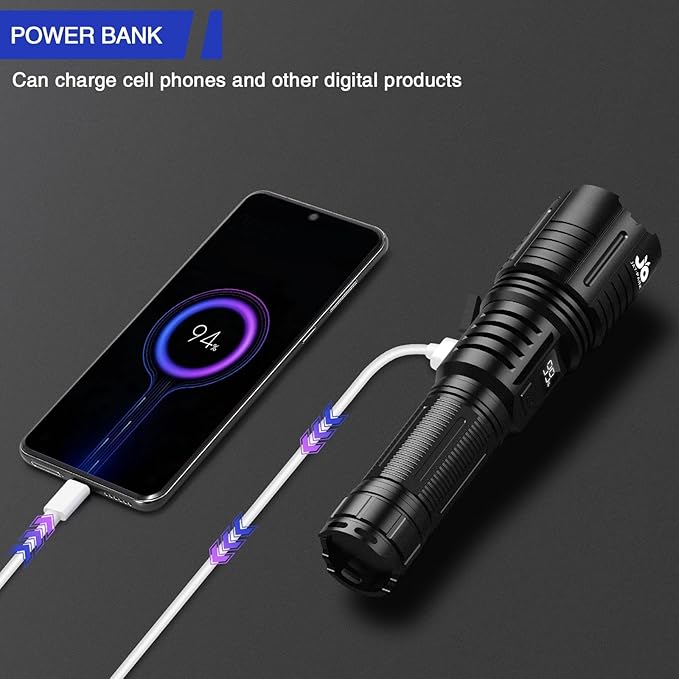 Rechargeable Flashlights 10000 Lumen, LED Flashlight with Digital Power Display and Zoomable, Flashlights High Lumen Super Bright Long Distance for Camping, bushcraft, Outdoor