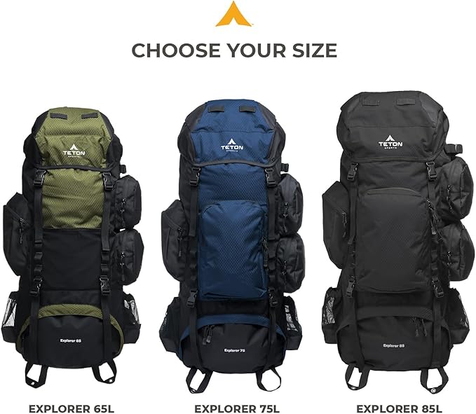 Teton 65L Explorer Internal Frame Backpack for Hiking, Camping, Backpacking, Rain Cover Included, Olive