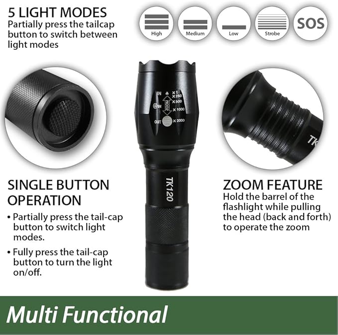 EcoGear FX LED Flashlight - Mini Camping Flashlight with High Lumens, 5 Light Modes, Zoomable Beam - Bright Tactical Flash Light for Outdoor Home and Emergency (1)