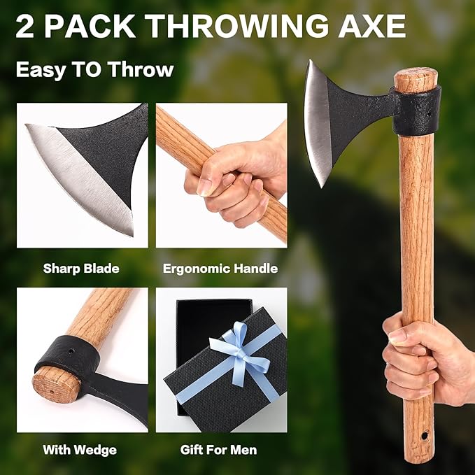 16" Throwing Tomahawks, 2 Pack Axes with High Carbon Steel & Wooden Handle, Ideal for Axe Throwing Game, Recreation & Competition, Gift for Men