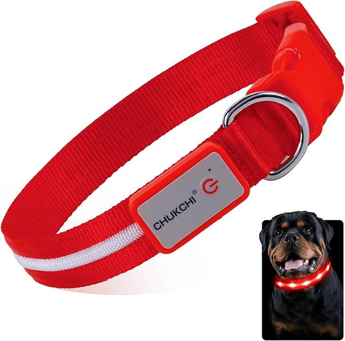CHUKCHI LED Dog Collar Rechargeable,Waterproof Flashing Collar,Light Up Glow Collar, Adjustable Soft Safety Light Up for Small Medium Large Dogs Walking Camping at Night (Red-L)
