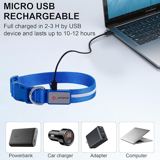 CHUKCHI LED Dog Collar Rechargeable,Waterproof Flashing Collar,Light Up Glow Collar, Adjustable Soft Safety Light Up for Small Medium Large Dogs Walking Camping at Night (Blue-M)