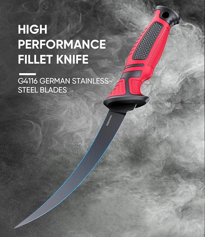Fillet Knife and Bait Knife Set Performance 5"-6"-7" G4116 German Flex Razor Sharp Stainless-Steel Blade with Sheath for Filleting and Boning, Pro Fishing Gear and Equipment Tools, Cool Fishing Gift for Men (Black-Red)