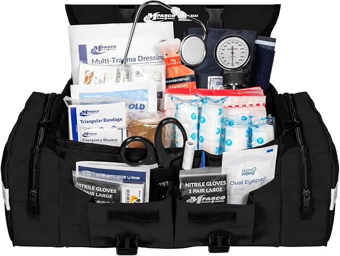 MFASCO First Aid Kit - Fully Stocked Portable Reflective Bag -First Responder Emergency Response Kit-for Natural Disaster Preparedness-Customizable Storage-Includes 415 Pcs First Aid Supplies-Black