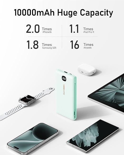 VEEKTOMX Portable Charger with Built in Cables 10000mAh, Power Bank for iPhone with Wall Plug, Travel Essential Fast Charging Slim USB C External Battery Pack for iPhone 17/16/15, Samsung, iPad, etc